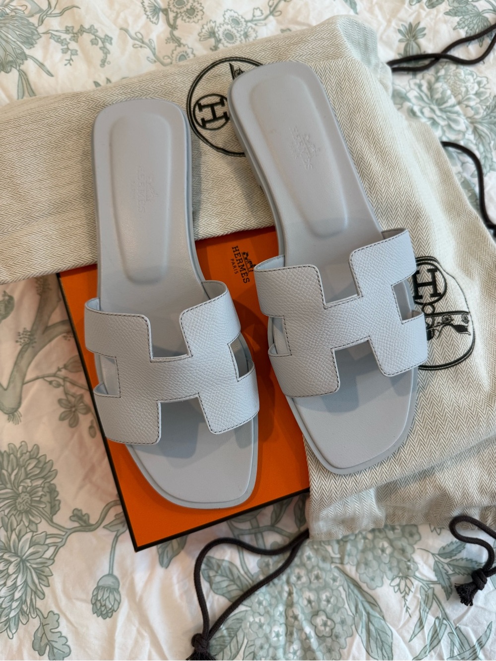 Hermes Oran Leather Slide Sandals in Light Blue SOLD OUT